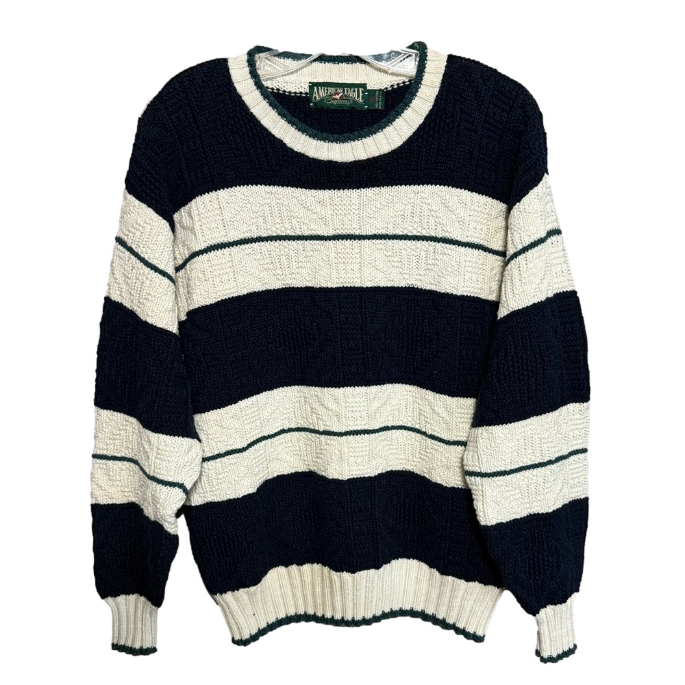 Vintage American Eagle Striped Chunky Fisherman Knit Crewneck Sweater Small